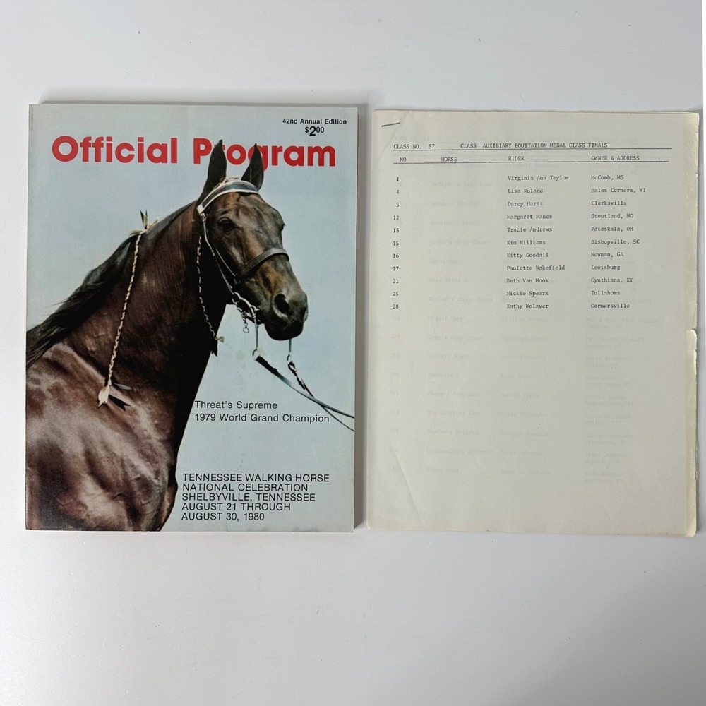 Vtg 1980 Tennessee Walking Horse Program + Multi Page Class Rider Roster Insert